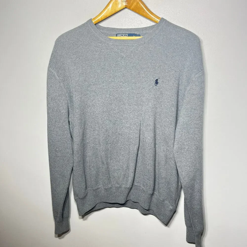 VTG 90s Polo Ralph Lauren Sweater Pullover Gray Mens Cotton Crew Neck Casual L